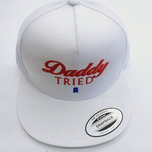 White Snapback Cap with Red Embroidery "Daddy Tried"